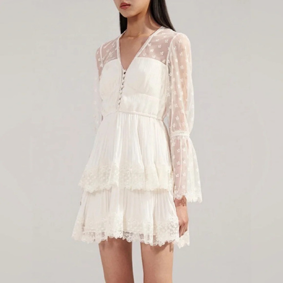 NEW Self-Portrait Chiffon Lace Tiered Mini Dress White Ivory | size UK 8 / US 4 - Picture 3 of 16